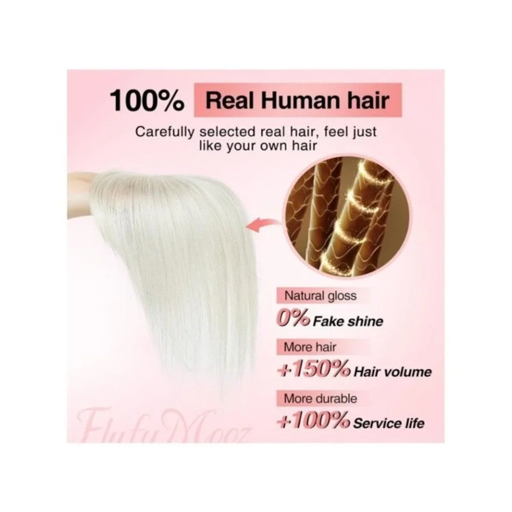 White Human Hair Topper with Bangs & Silk Base, Lace Clip - 10